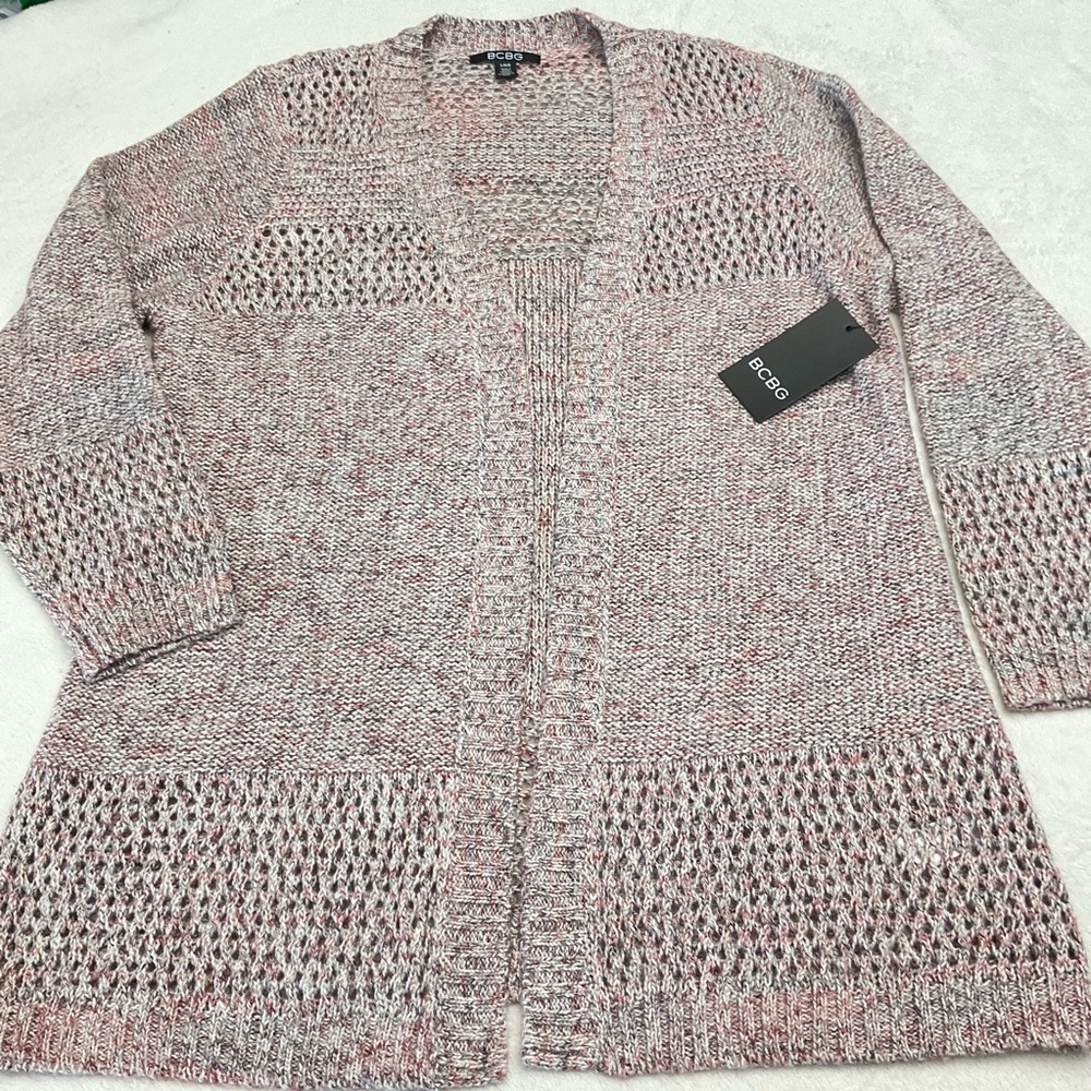NWT BCBG Pink Lavender White Knit 32” Length Open Cardigan Woman Large B5HS0799